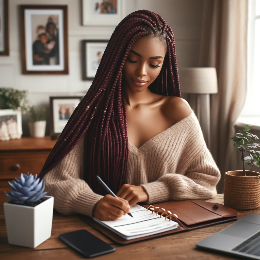 Busy woman making a to-do list to organize her day, demonstrating time management tips for busy women"