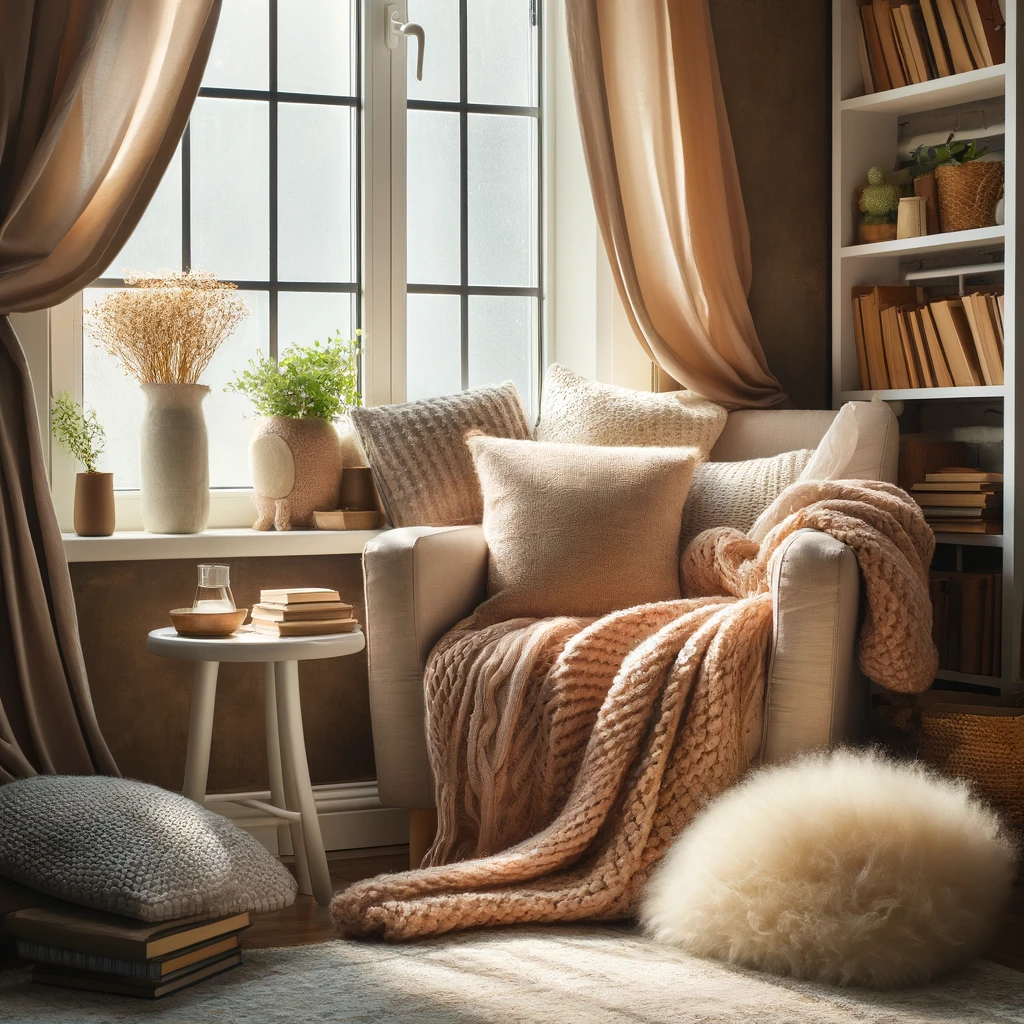 Cozy reading nook with a book and blanket.