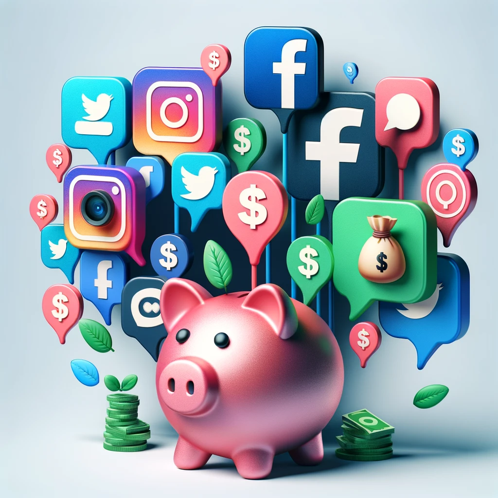 Budget social media marketing with icons for Facebook, Instagram, Twitter, and a piggy bank.